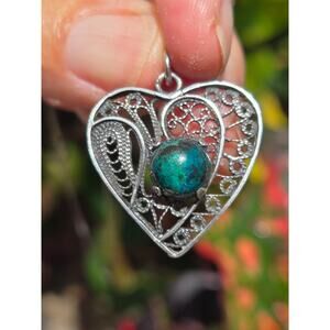 Vintage Sterling Silver Filagree Heart and Shattuckite Stone Pendant Necklace